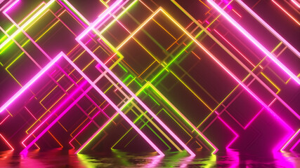 Movement of glass neon blocks. Modern ultraviolet lighting. 3d illustration