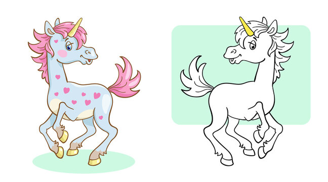 Little cute unicorn. Coloring page with colorful example. In cartoon style. Vector illustration. For coloring book.