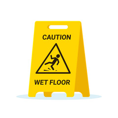 Wet floor stand slip sign. Slippery clean wet floor board vector safety warning