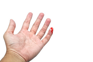 Close up of hand injury, Bleeding on little finger and cut knife, Isolated on white background with...