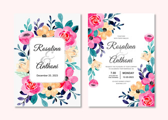 Wedding invitation card set with pink peach floral watercolor