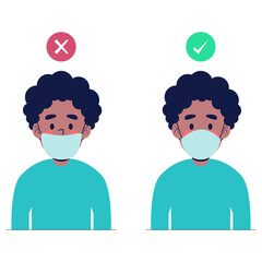 There’re two men showing how to wearing protective mask correctly. Flat design vector illustration