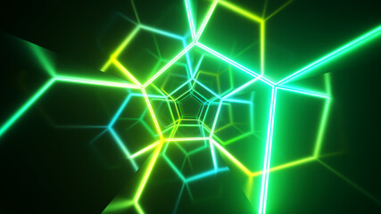 Endless flight in the corridor with a laser neon curve. Modern ultraviolet lighting. Blue green light spectrum. 3d illustration