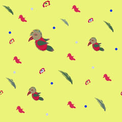 Pattern depicting a toucan, its silhouette, flowers and plant leaves on a champagne-colored background.  Vector graphics.
