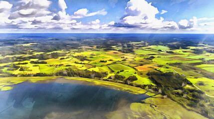 Beautiful aerial view of lake and shoreline colorful painting looks like picture.