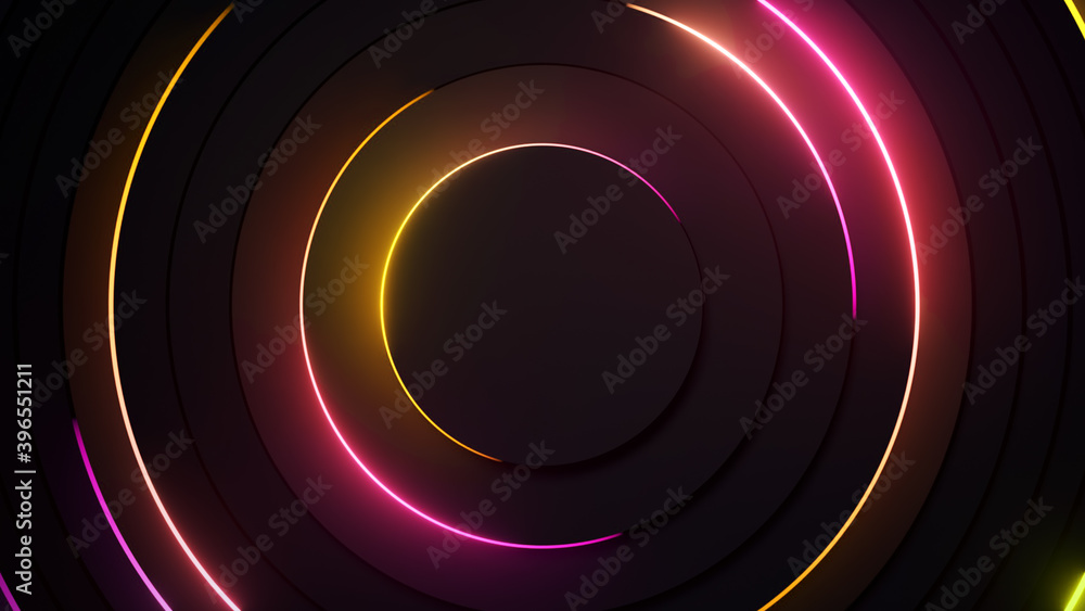 Aufkleber radial abstract neon background. laser neon lines move in a circle along a circular dark geometry. c