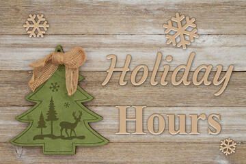 Holiday Hours message with Christmas tree