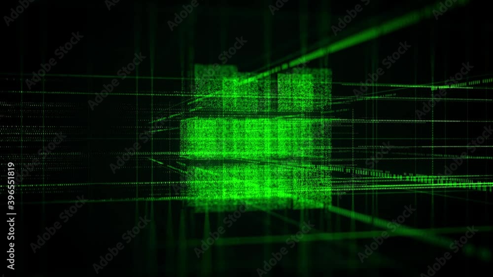 Poster neon cube projection on black background. animation. 3d projection of cube made of laser lines on bl