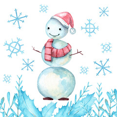 Watercolor hand painted illustration of snowman with holly leaves and snowflakes