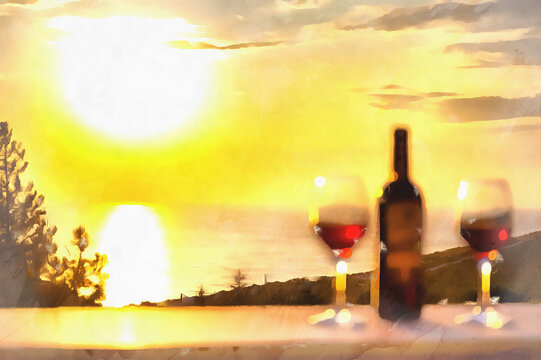 Beautiful scene with wine glasses and bottle of wine