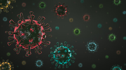 Coronavirus theme background. Multi-colored glowing viral agents. Selective focus.
