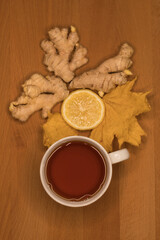 Still life tea, lemon and ginger