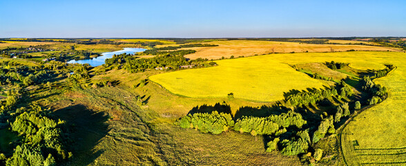 Aerial landscape of the Central Russian Upland. Nikolayevka village, Kursk region.