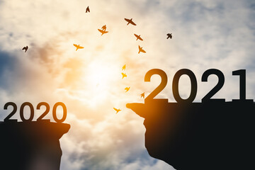 2021 new year concept with birds flying on sunset sky background at top of mountain.