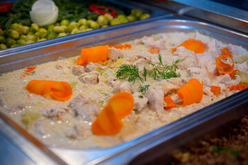 Served tasty meat meal in restaurant close up view