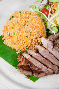 
fried rice with Thai basil and crispy belly pork - Thai food style
