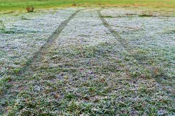 Track from the car on the grass covered with frost at noon