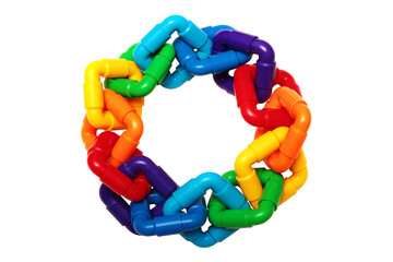 Ring of rainbow plastic chain isolated against white background