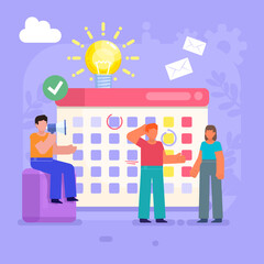 Planner, daily schedule, time management. Group of people stand near big calendar. Modern vector illustration