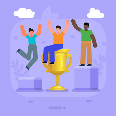 Group of people stand on pedestal, award ceremony, victory celebration, achievement. Modern vector illustration
