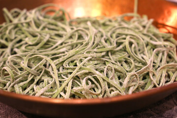Pasta in Italian restaurant. 
Spaghetti with background