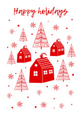 Christmas and New Year card with houses and trees. Red vector new year landscape