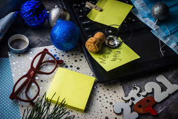 new year in the office computer christmas balls working atmosphere