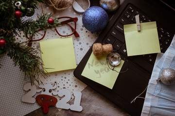 new year in the office computer christmas balls working atmosphere