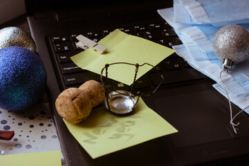 new year in the office computer christmas balls working atmosphere