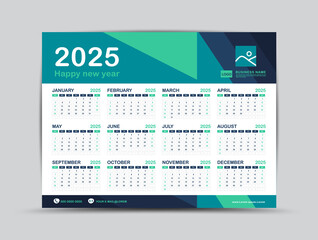 Calendar 2025 template, Desk calendar design, Happy New year, minimal trendy style, Wall calendar, wall calendar layout,  Week start on Sunday, Set of 12 Months, Green background, vector illustration