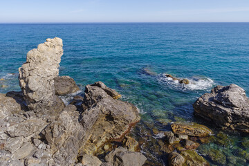 Fototapeta na wymiar Ligurian rocky coastline, Italy