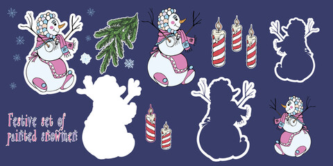 Snowmen, snowflakes. holiday set, isolated vector elements for Christmas and new year decorations, doodles