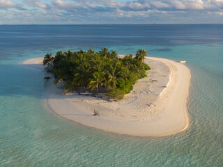 untouched uninhabited small island with palm trees (aerial drone shot)