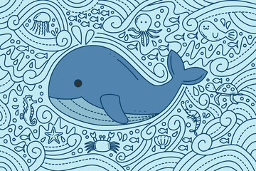 Whale and marine animals doodle style