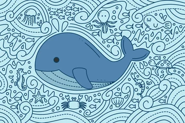 Papier Peint photo Lavable Baleine Style de griffonnage de baleines et d& 39 animaux marins