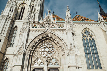 Decorative architectural elements of gothic church of Fisherman Bastion in Budapest, Hungary