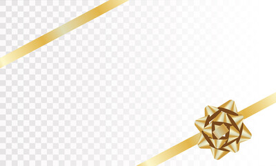 Realistic gold bow and ribbon isolated on transparent background. Template for greeting card;