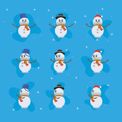 set of cute snowman in various point of view