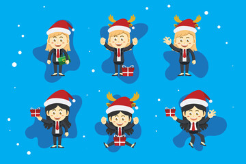 Business girl wearing winter hat and scarf flat style in different poses and expressions