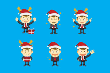flat design of Business man wearing santa hat in different poses and expressions