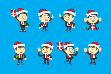 flat design of Business man wearing santa hat in different poses and expressions