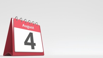 August 4 date on the flip desk calendar page, blank space for user text, 3d animation
