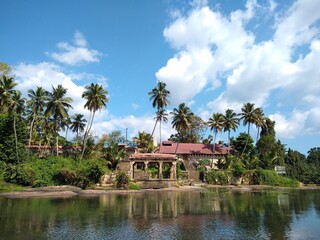 Fototapeta na wymiar Temple in Tamilnadu, Blue sky and coconut tree 