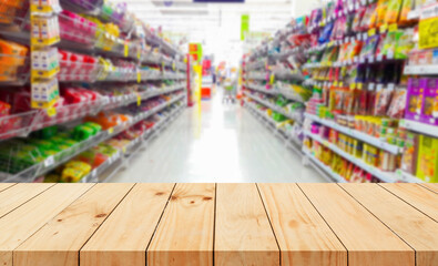 Wood floor and Supermarket blur background, Product display, template,