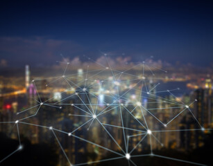 Connecting lines and dots against blurred and modern city skyline at night. Abstract vector network, futuristic background for business, technology, connection or science presentation. Copy space.