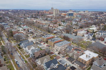 Fototapeta premium Aerial image of Milwaukee WI, corner of E Locust St and Newhall St November 30 2020 facing NE towards the University of Wisconsin, Milwaukee.