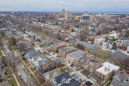 Aerial image of Milwaukee WI, corner of E Locust St and Newhall St November 30 2020 facing NE towards the University of Wisconsin, Milwaukee.