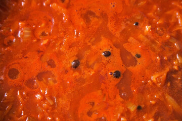 Homemade Tomato Sauce with vegetables close up simmering