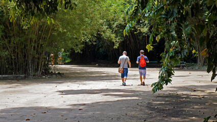 Fototapeta na wymiar Gay men couple walking on public park, Rio de Janeiro, Brazil