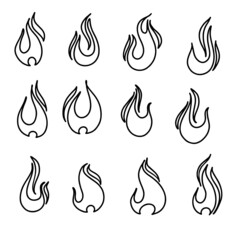 Retro hand drawn icon with flame doodle set. Web icon set. Doodle, sketch style. Decorative symbol. Vector illustration graphic design.